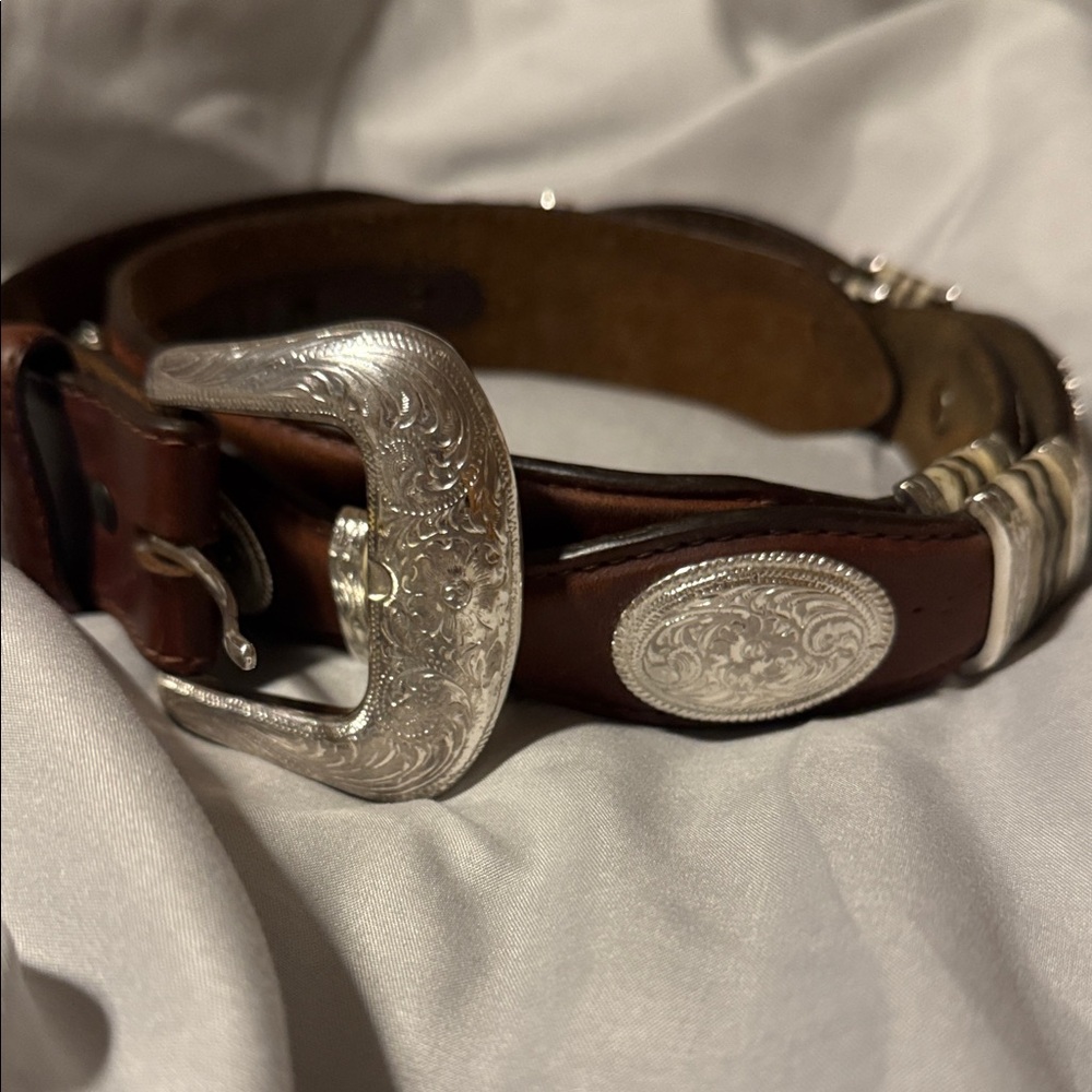 Tony Lama Brown Leather Western Belt with Engraved Silver Buckle